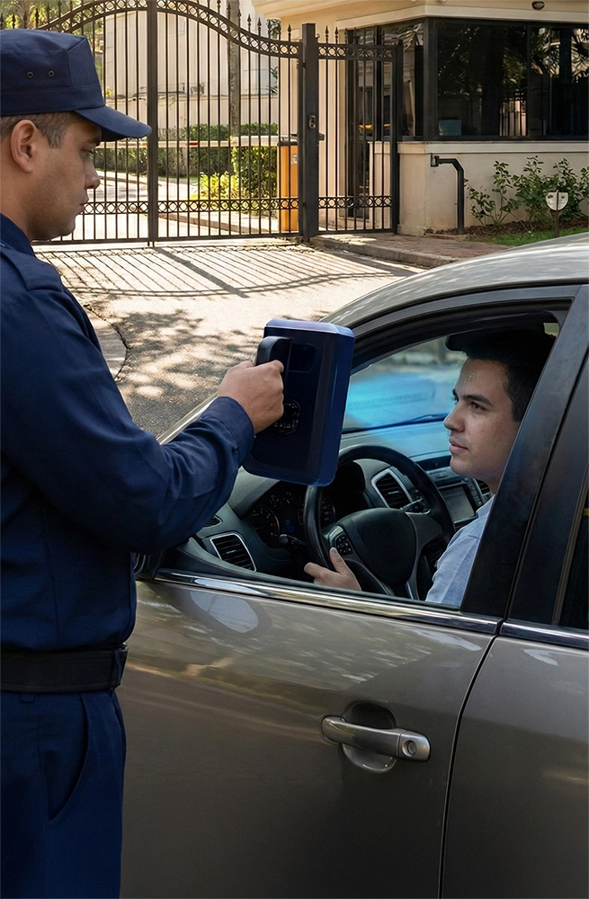 O vigilante aponta o dispositivo para o rosto do condutor ou dos ocupantes.